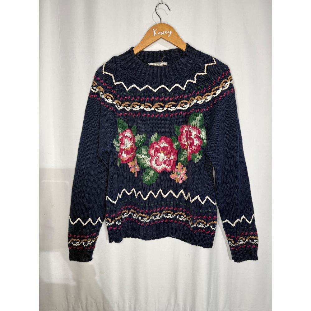 Ninon de Lenclos Vintage Floral Rose Knit Sweater Navy Blue Ramie Cotton Small